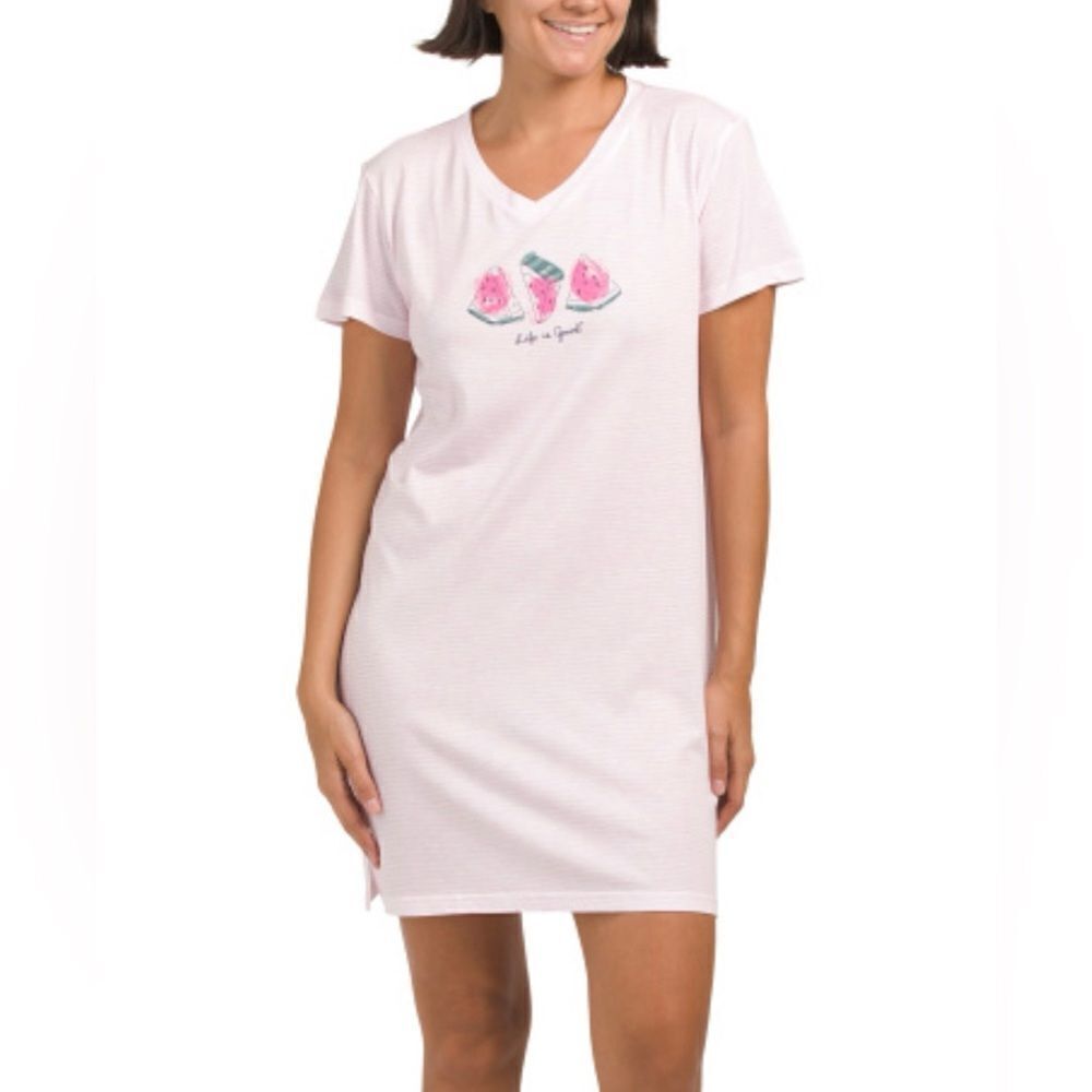 LIFE IS GOOD S M L Pink White Stripe Short Sleeve Watermelon Sleep Shirt